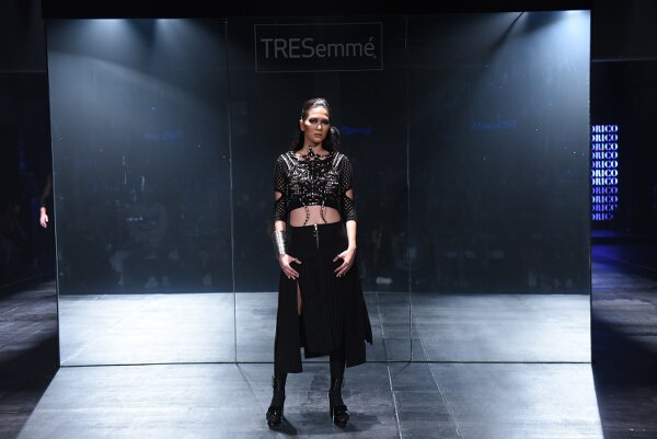 Jerome Lorico creates stunning textured metallic ensembles in a futuristic palette of silver, platinum, and black.